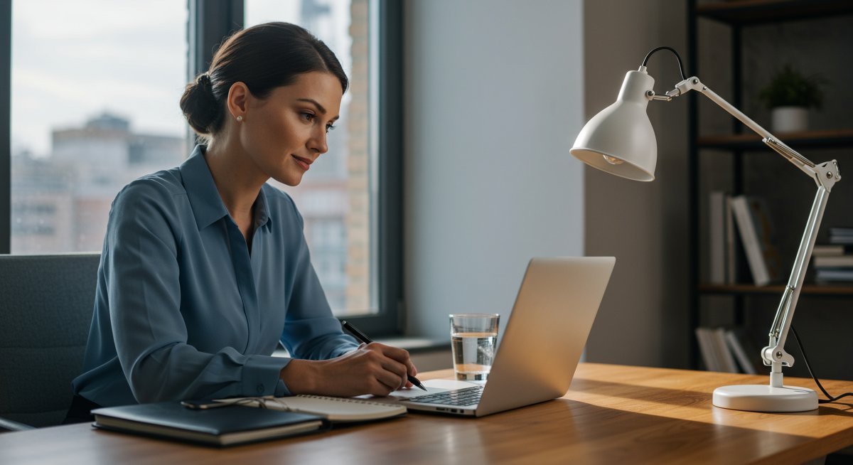 Confident mid-career professional preparing for job interview with professional gear and calming elements
