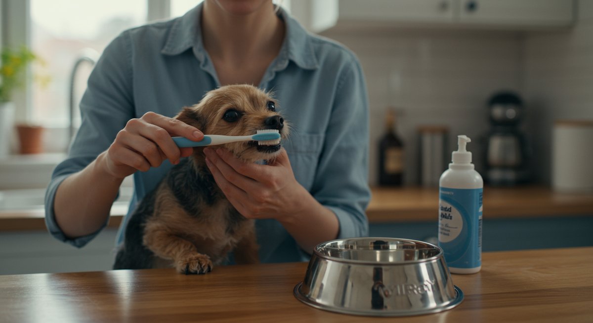 New pet owner demonstrating budget-friendly pet dental care with a small dog, dental brush, and fresh water bowl in a clean kitchen setting