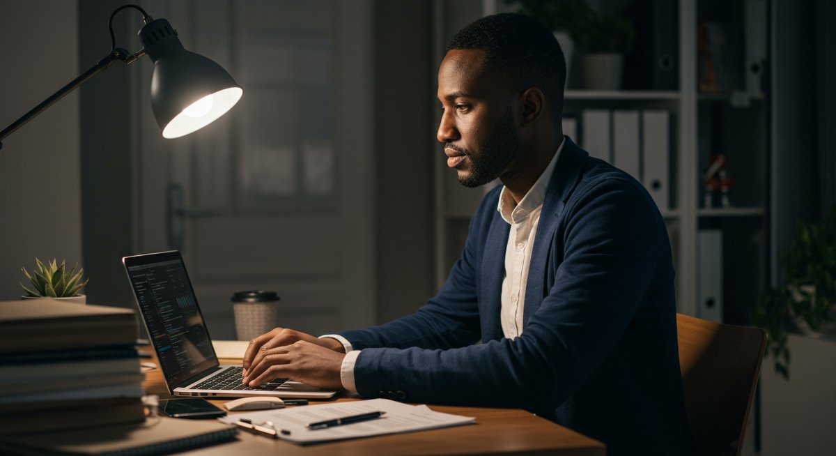 Confident man in minimalist home office using budgeting apps with organized financial documents