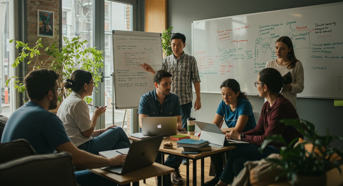 Digital nomad community building in a modern co-living space with collaborative workspace and travel essentials