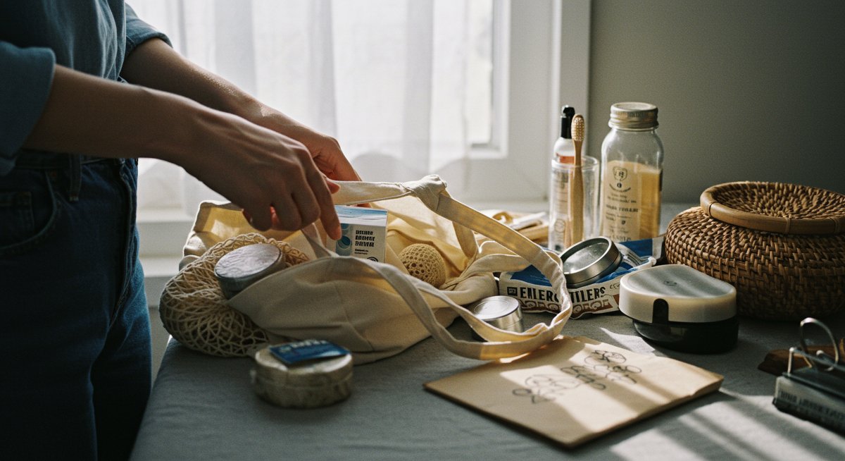 Person packing eco-friendly travel essentials in a reusable tote bag, promoting sustainable travel practices.