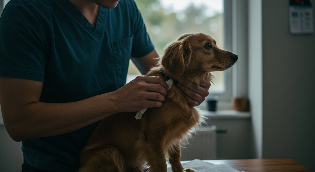 Dog owner applying skin allergy treatment to itchy dog at home