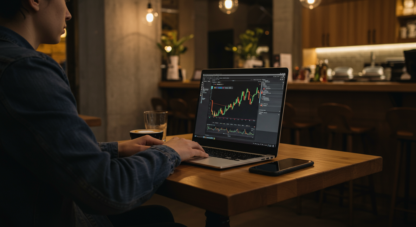 Beginner crypto trader in a European coffee shop, focused on low-fee crypto swaps using a laptop and phone. Modern setting with natural lighting and a clean aesthetic.