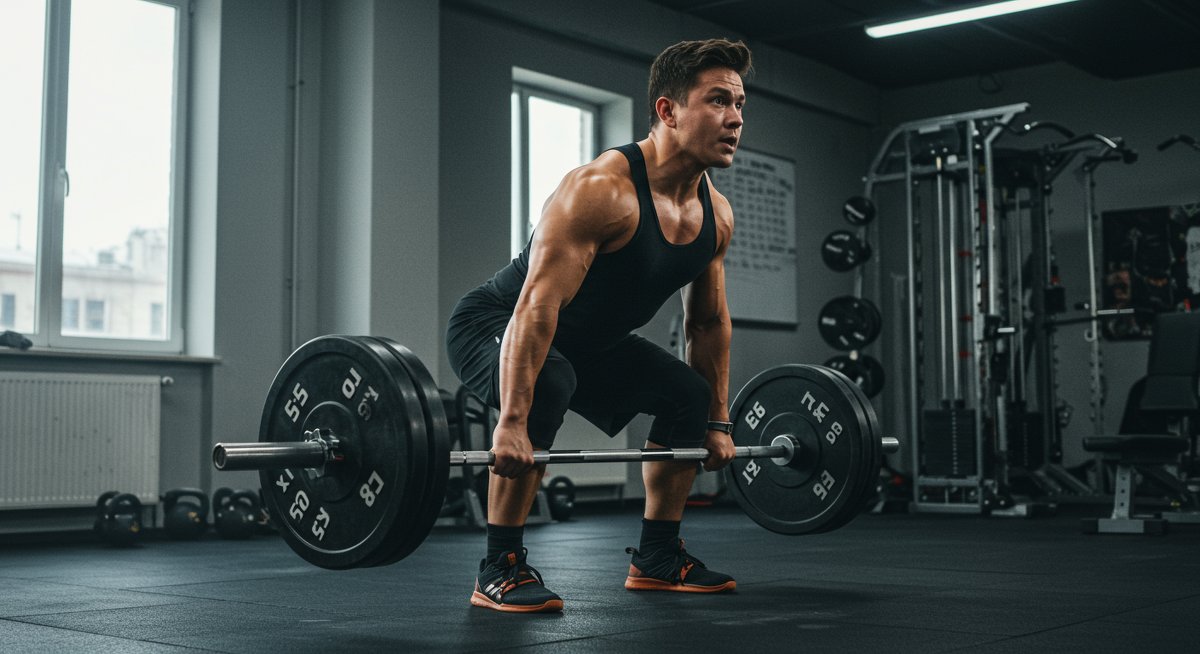 Person doing deadlifts in gym with dramatic lighting
