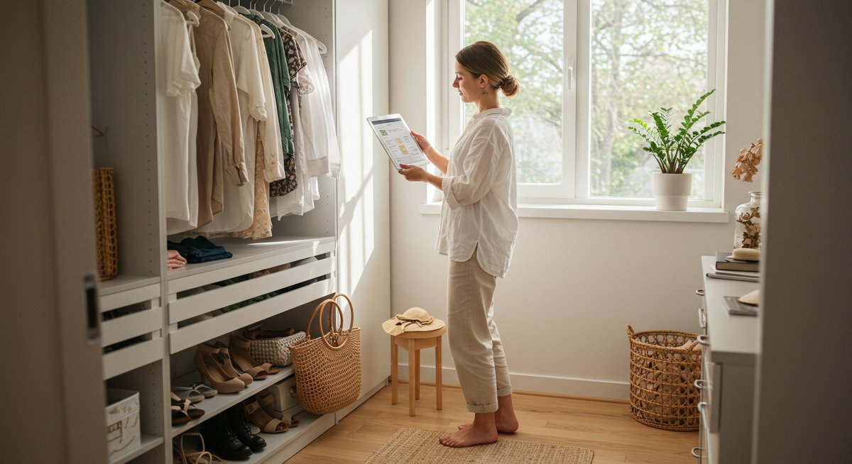 Minimalist wardrobe 2025: Stylish and sustainable capsule wardrobe setup with curated clothing items, eco-friendly accessories, and digital planning tools for beginners