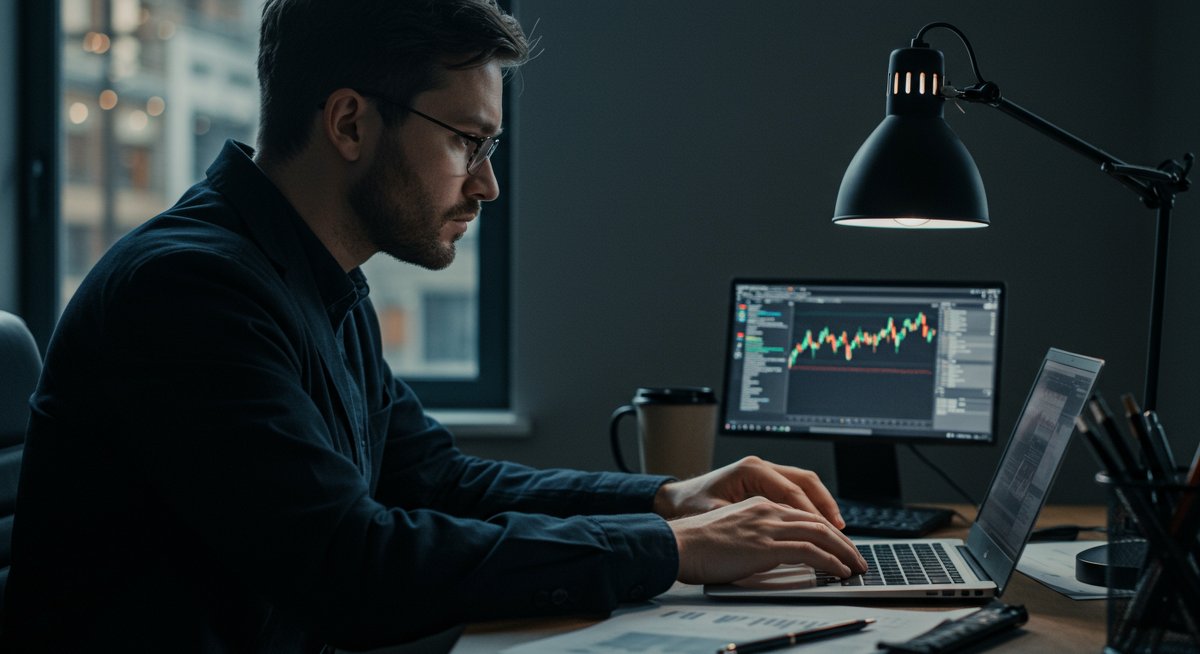 Person analyzing cryptocurrency market data on laptop with financial charts