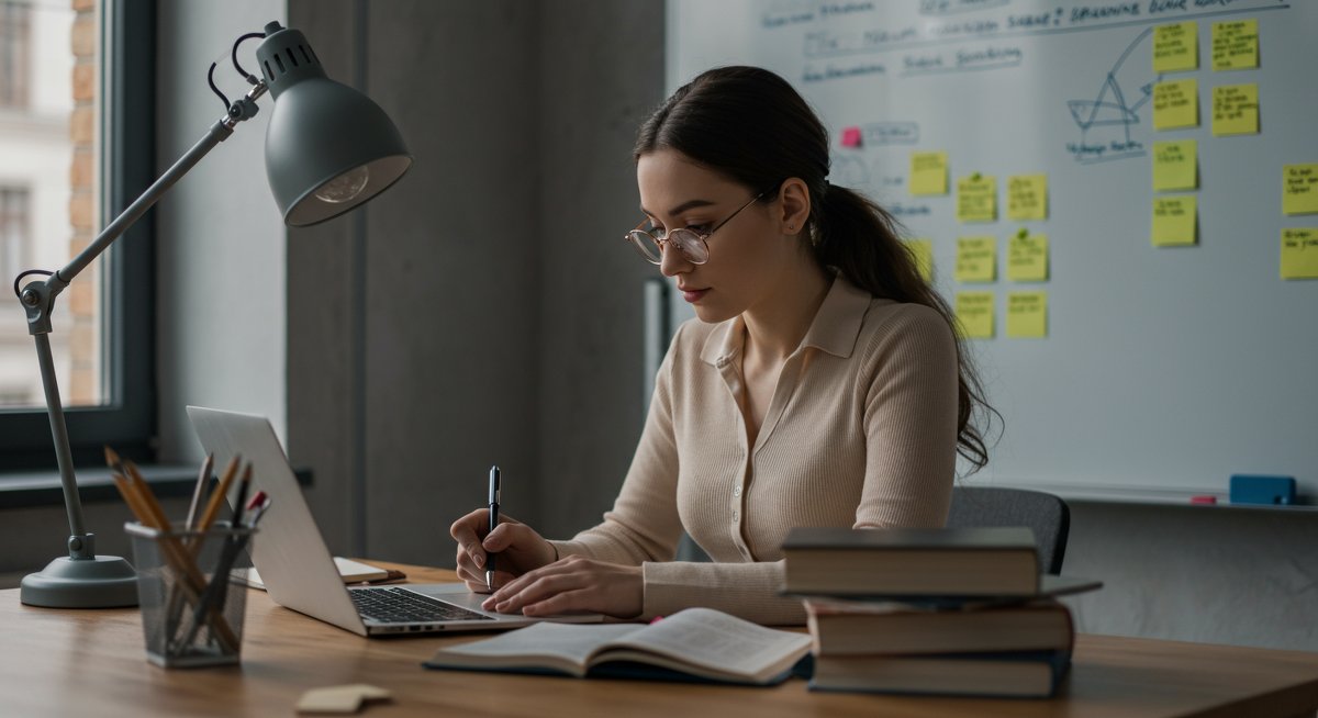 Self-learner creating a personalized skill development plan with digital tools and physical study materials in a modern workspace