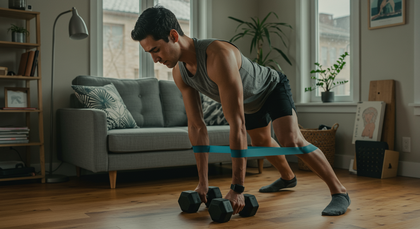 Intermediate fitness individual performing dumbbell rows at home, focusing on strength training and proper form. Natural lighting and a clean workout space.