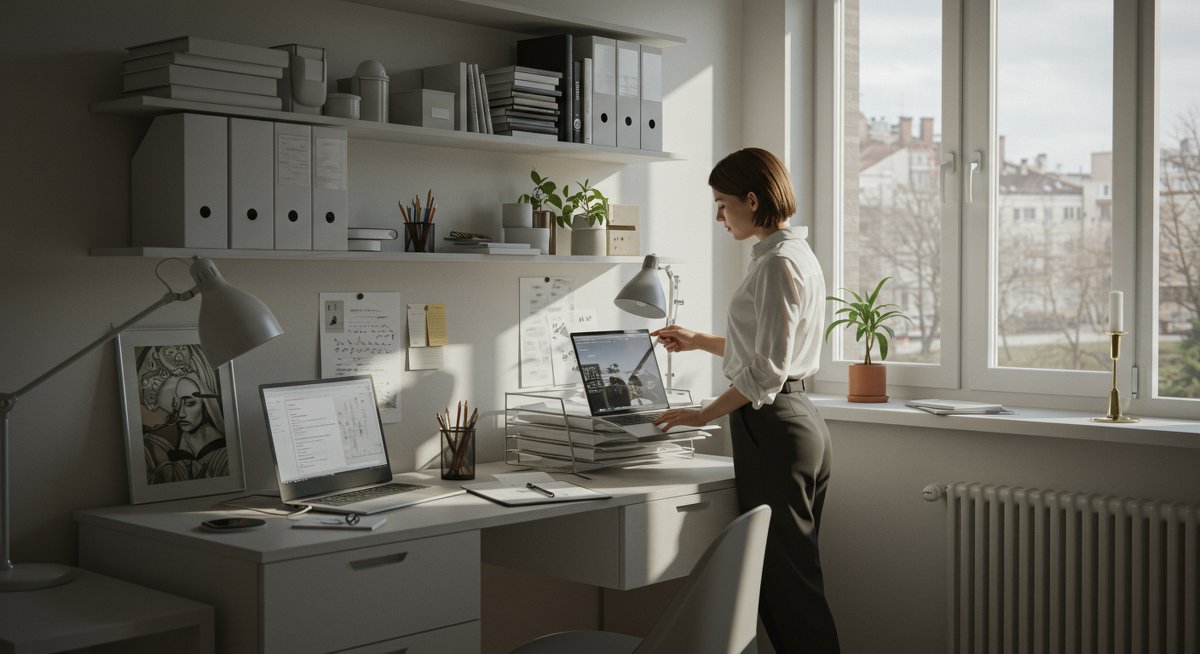 Professional illustration of a minimalist home office with organised storage solutions, featuring a woman organising documents, clean shelves, floating cabinets, and natural lighting.