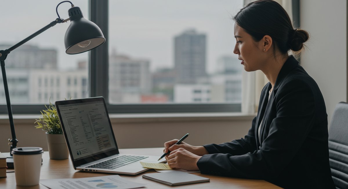 Professional salary negotiation scene featuring a confident mid-career woman in a modern office environment