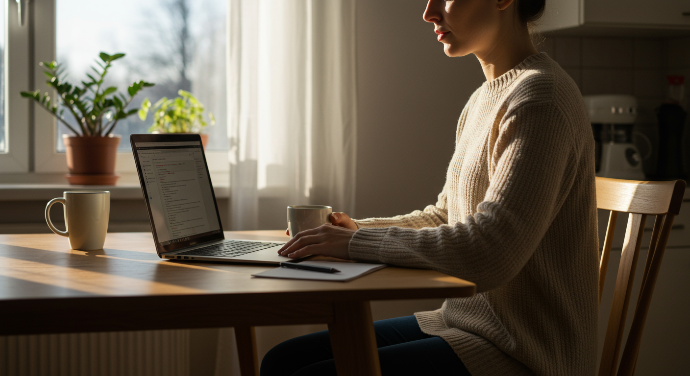 A person working on minimalist finances at a kitchen table with a laptop and coffee. The image shows a clean and organized home office setting with natural lighting and a focus on decluttering. This image supports the article's goals of teaching financial freedom.