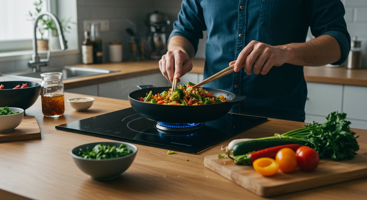 Vegan home cooking illustration: A man cooks a colorful stir-fry with vegetables, tofu, and rice in a modern kitchen, emphasizing quick and easy plant-based meal preparation.