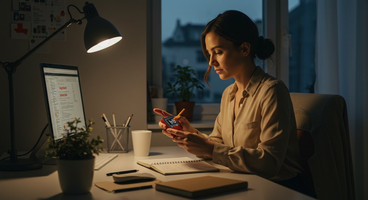 Professional woman taking a focused break in a modern home office with pomodoro timer, plant, and notebook