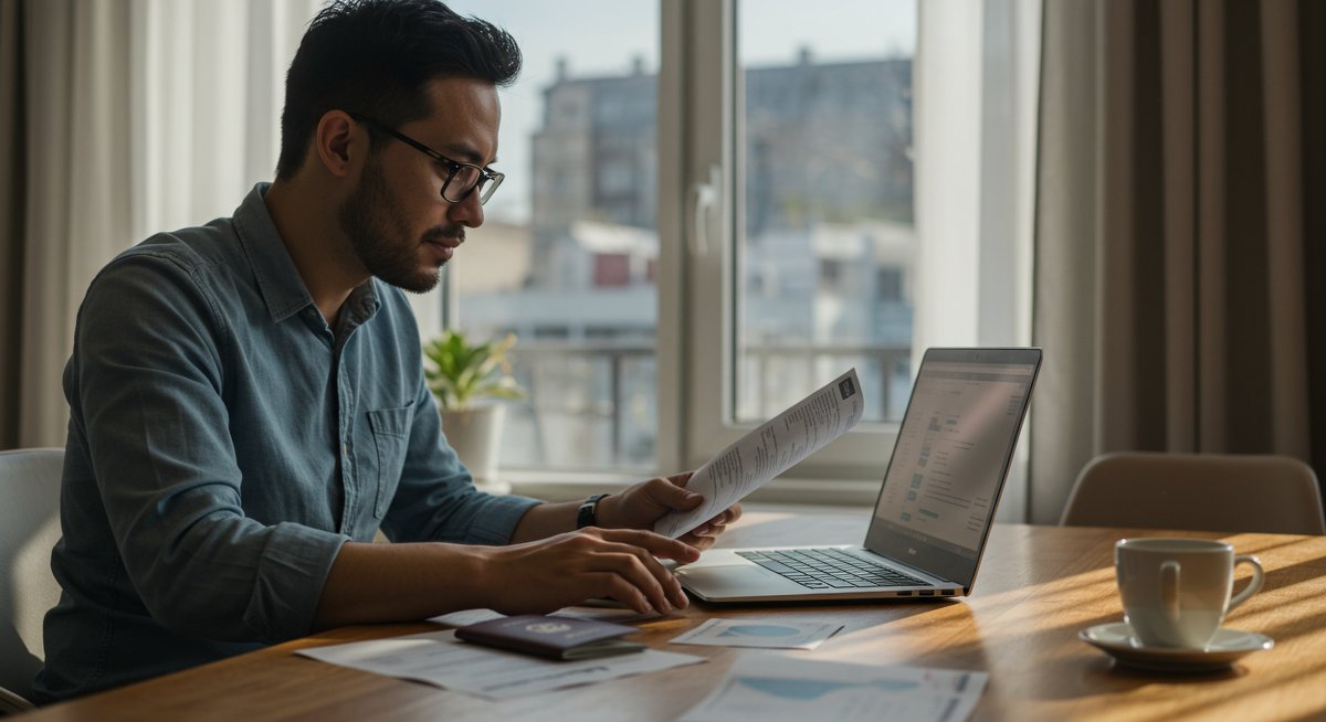 Experienced digital nomad reviewing travel insurance documents in modern co-working space