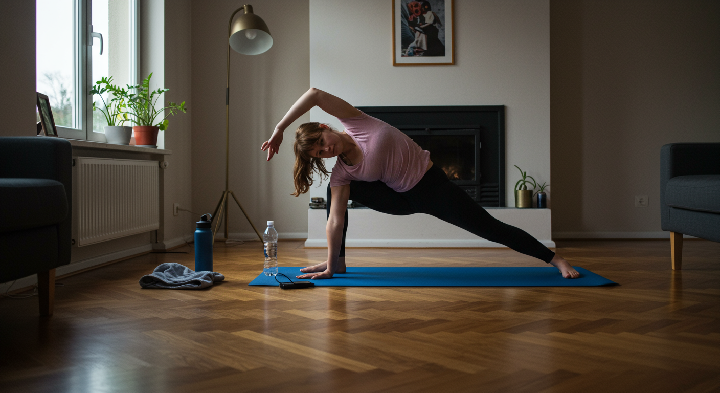 Busy parent doing morning yoga in living room to energize the day.