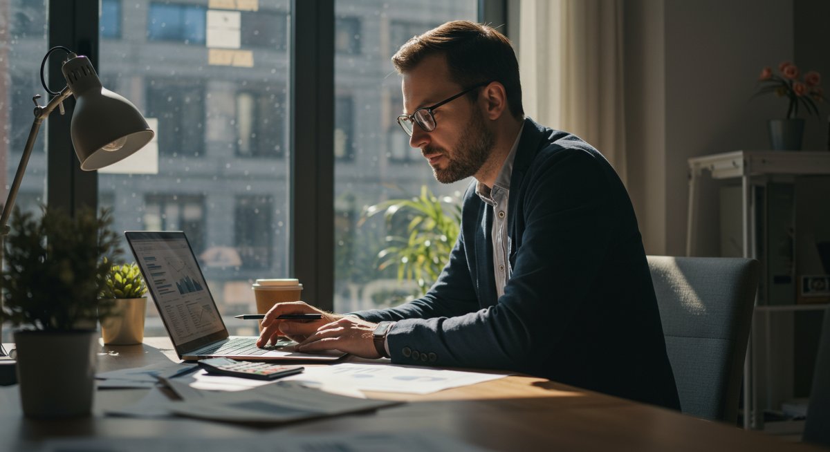 Digital nomad managing finances with budgeting charts and spreadsheets on laptop in modern co-working space
