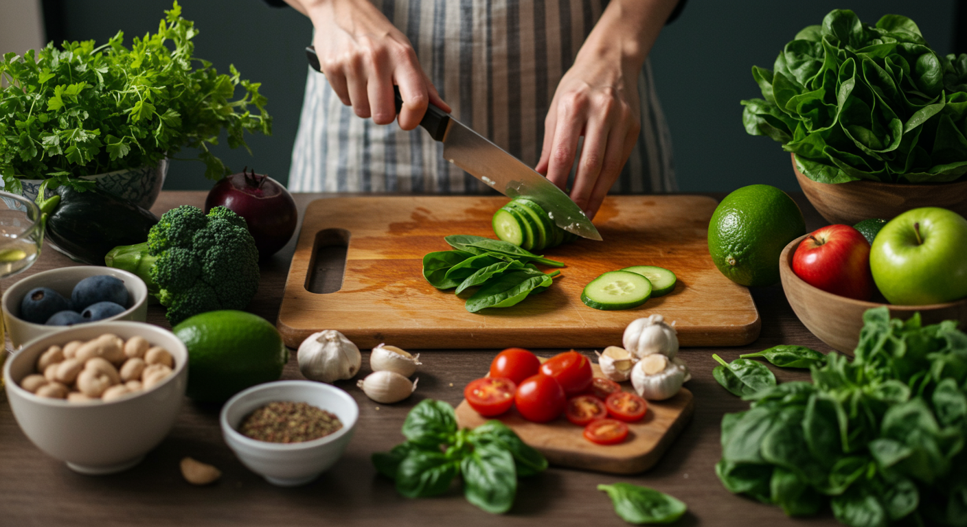 A zero waste vegan kitchen with fresh vegetables and a person preparing a plant-based meal, emphasizing sustainable cooking practices and reducing food waste.
