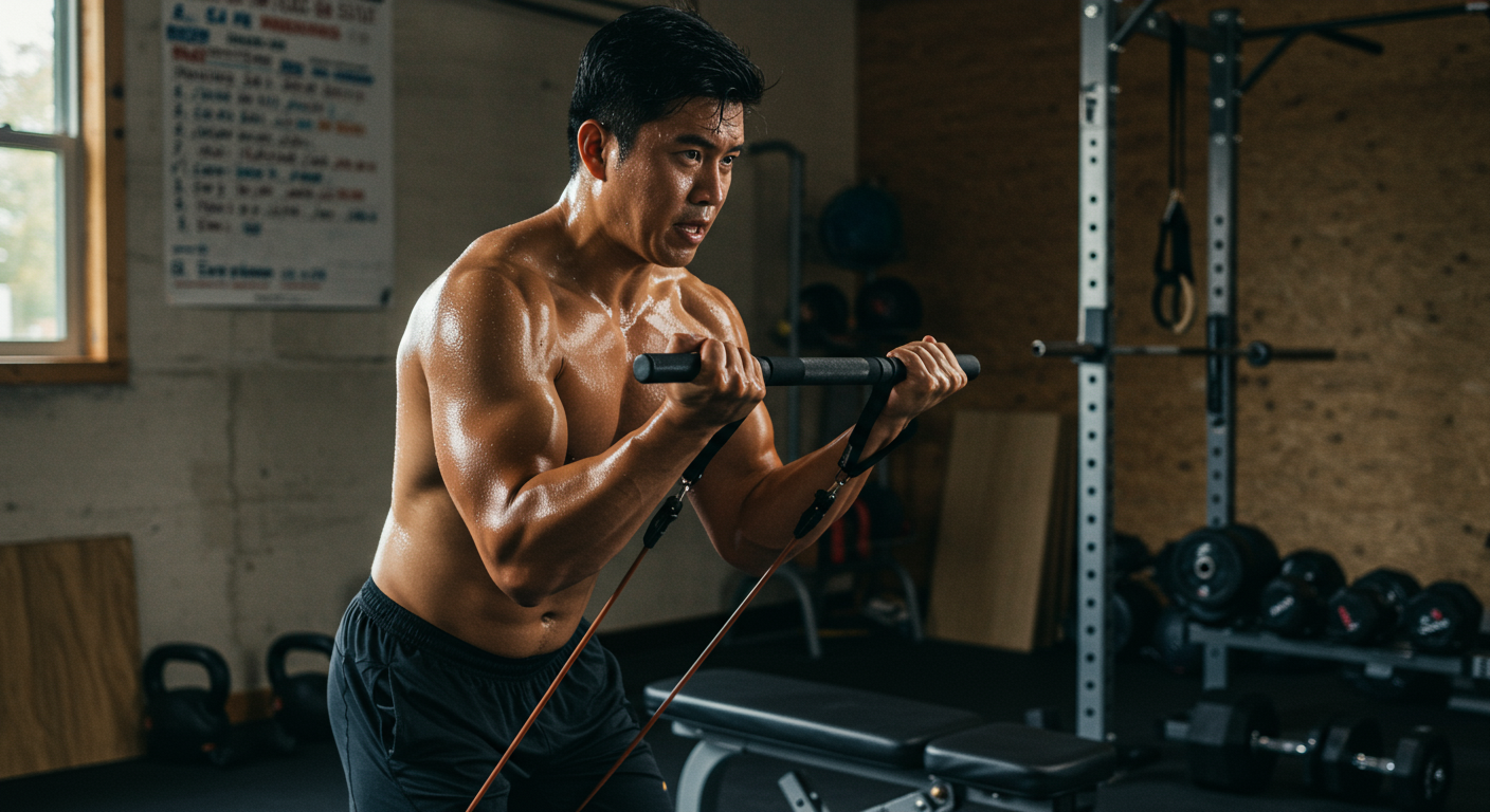 Advanced resistance band upper body workout at home. A muscular person doing a bicep curl with resistance bands, showing effort and progress.