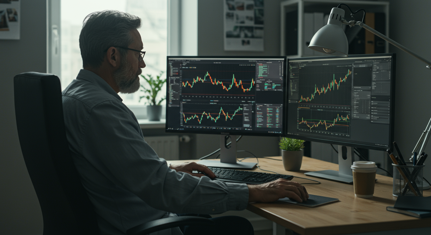 Experienced crypto trader analyzing charts on a dual monitor setup in a modern office, emphasizing fee optimization strategies for 2025. Natural lighting and a clean aesthetic highlight the trader's focus and the importance of cost-effective trading.