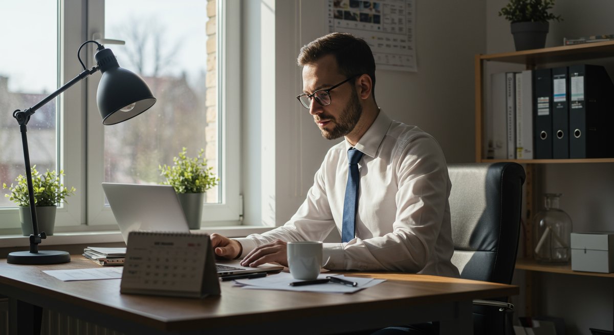 Confident man in modern minimalist home office focused on financial planning with laptop, coffee, and calendar, symbolizing wealth-building habits