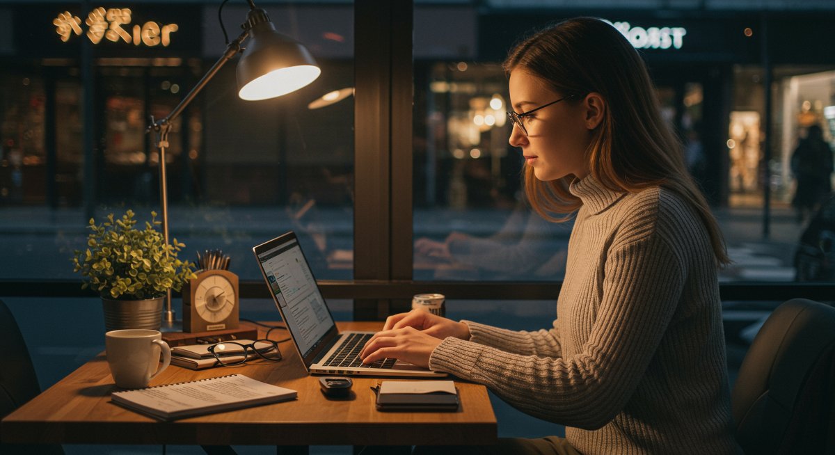Digital nomad woman working from a café with reliable internet, showcasing affordable connectivity solutions for remote work