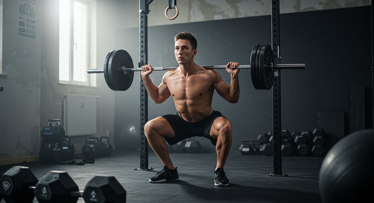Person doing bodyweight squats in home gym with natural lighting