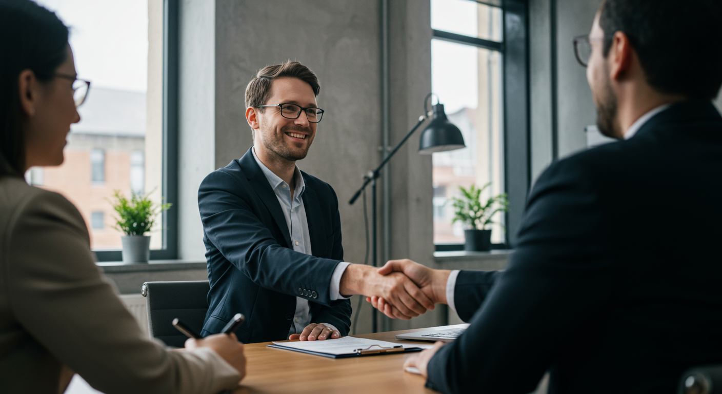 A mid-career professional confidently shaking hands with an interviewer in a modern office after a successful job interview, symbolizing salary negotiation and career growth.