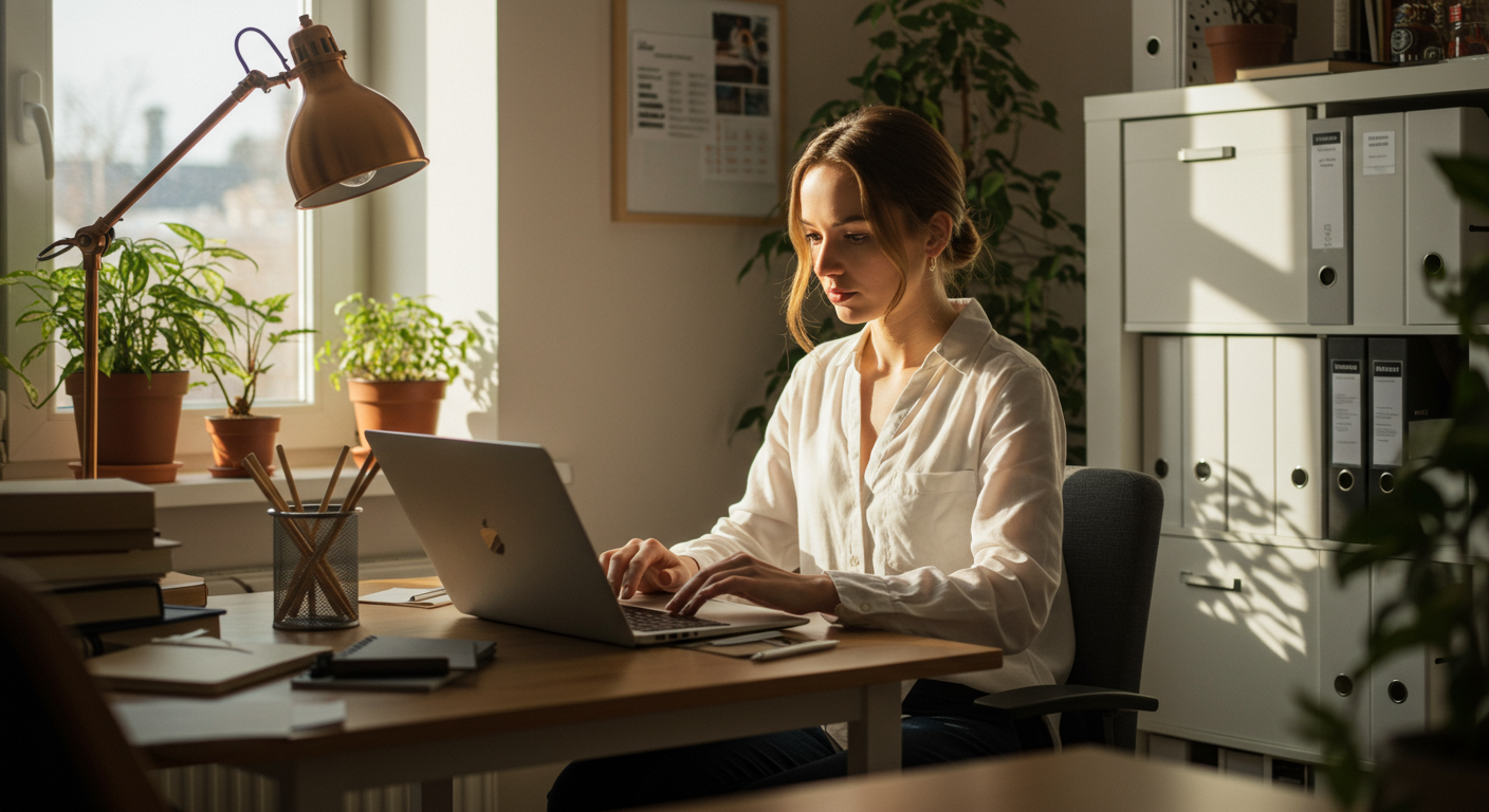 Experienced minimalist organizing digital files on a laptop in a minimalist home office, promoting eco-friendly digital habits.