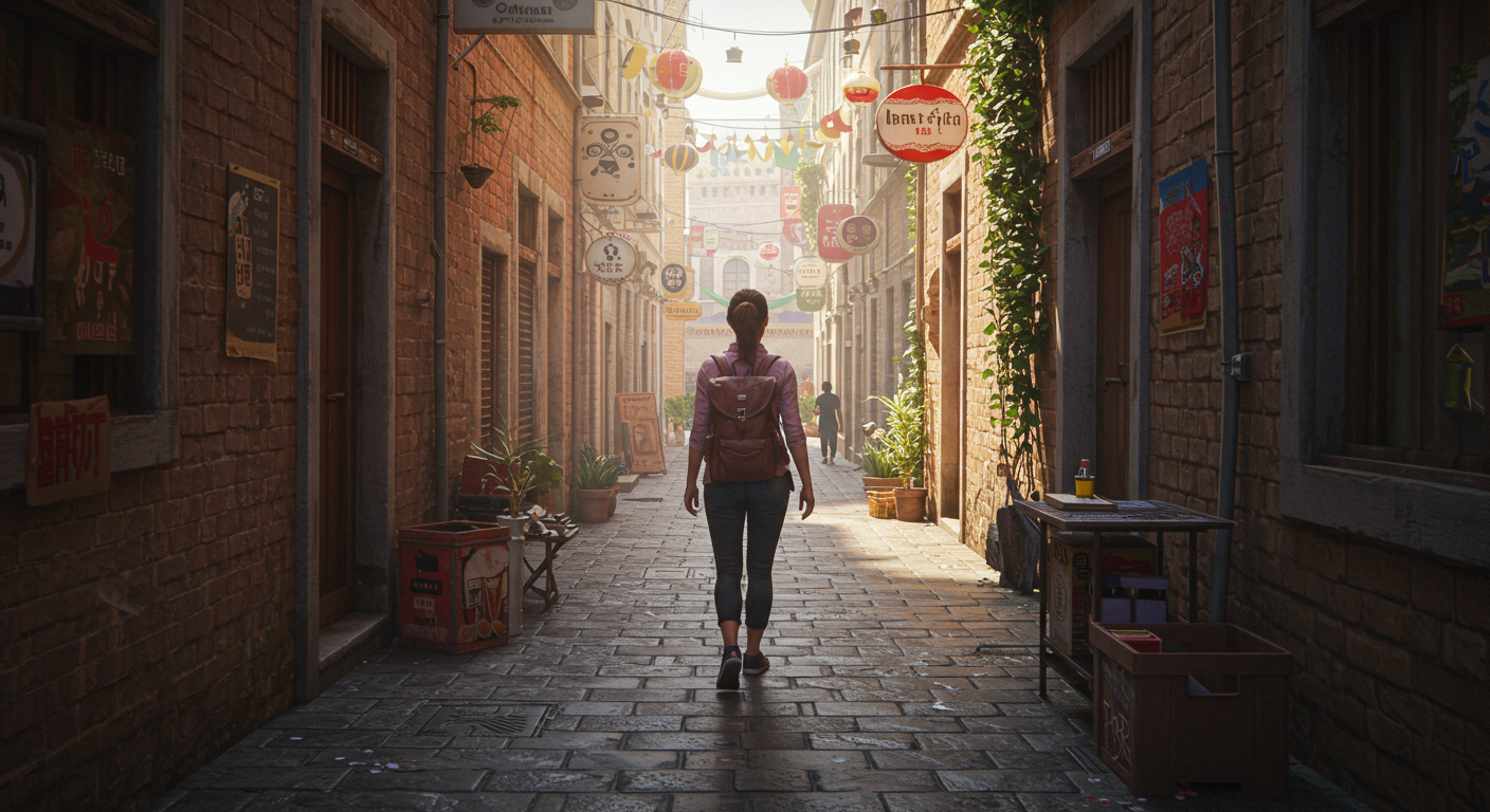 A female digital nomad exploring a bustling foreign street with a backpack, showcasing the freedom and adventure of solo travel.