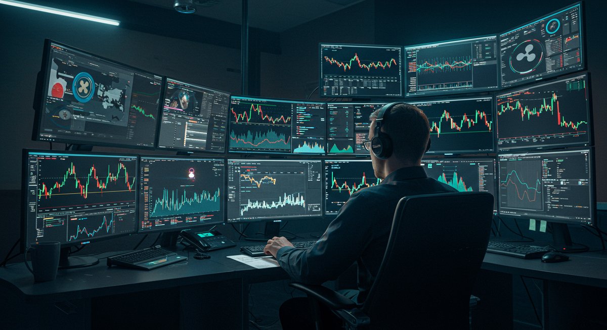 Crypto trader monitoring global XRP price movements across international exchanges with multi-monitor setup