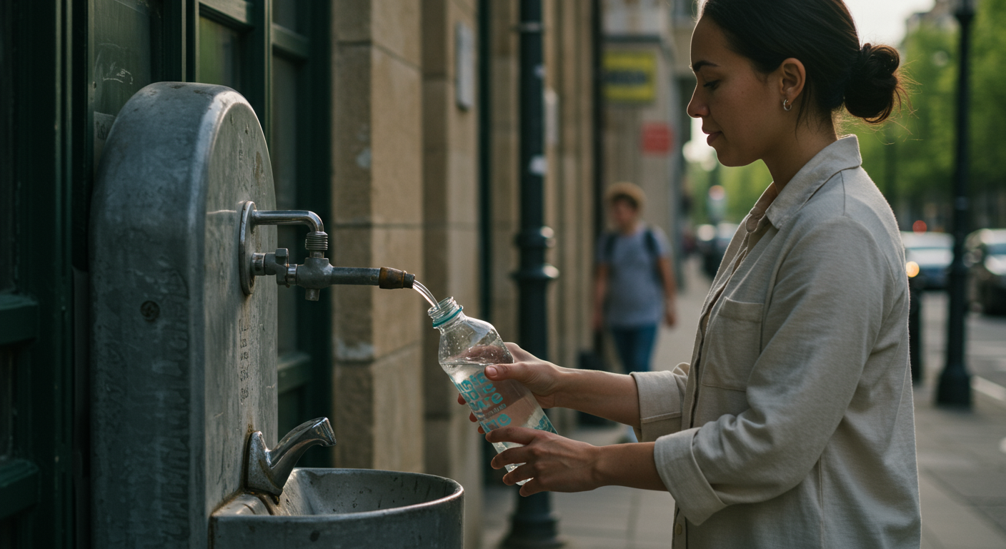 A person refilling a reusable water bottle at a public fountain, symbolizing budget-friendly sustainable living. The image is designed to inspire sustainability beginners.