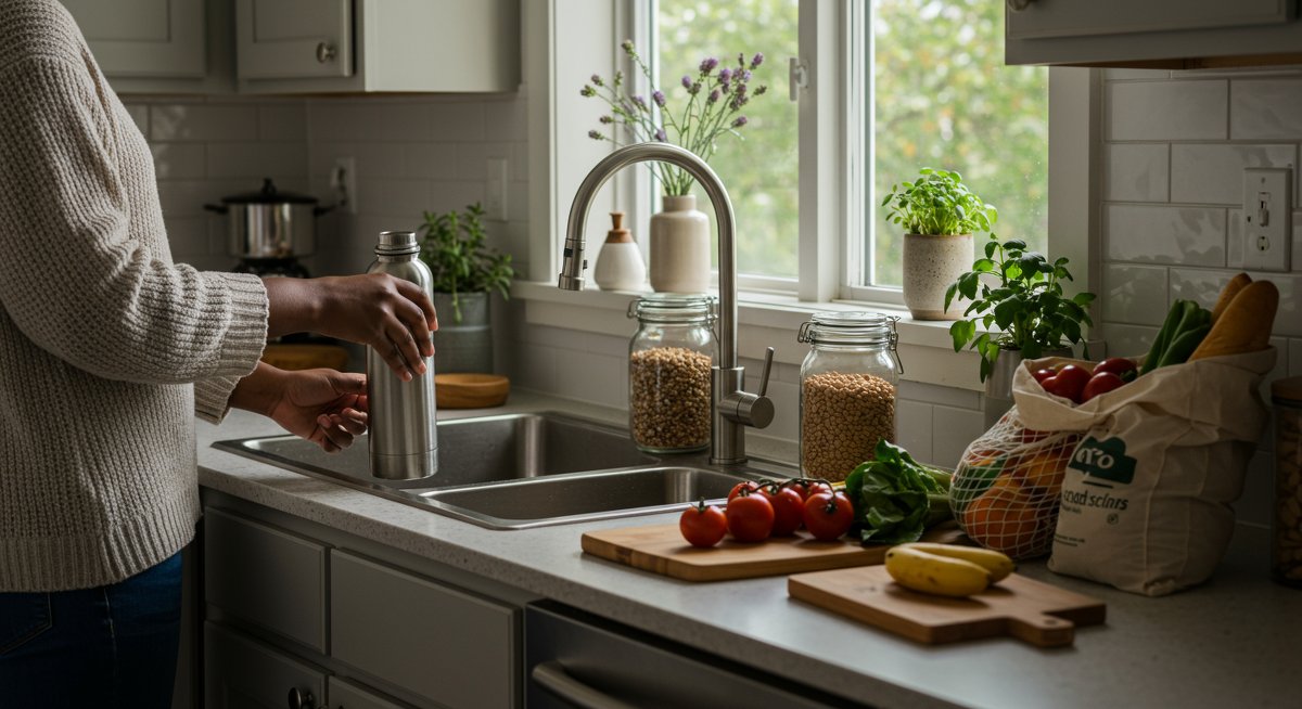 Sustainable eating at home: Person refilling reusable water bottle with fresh produce and bulk grains in zero-waste kitchen setup
