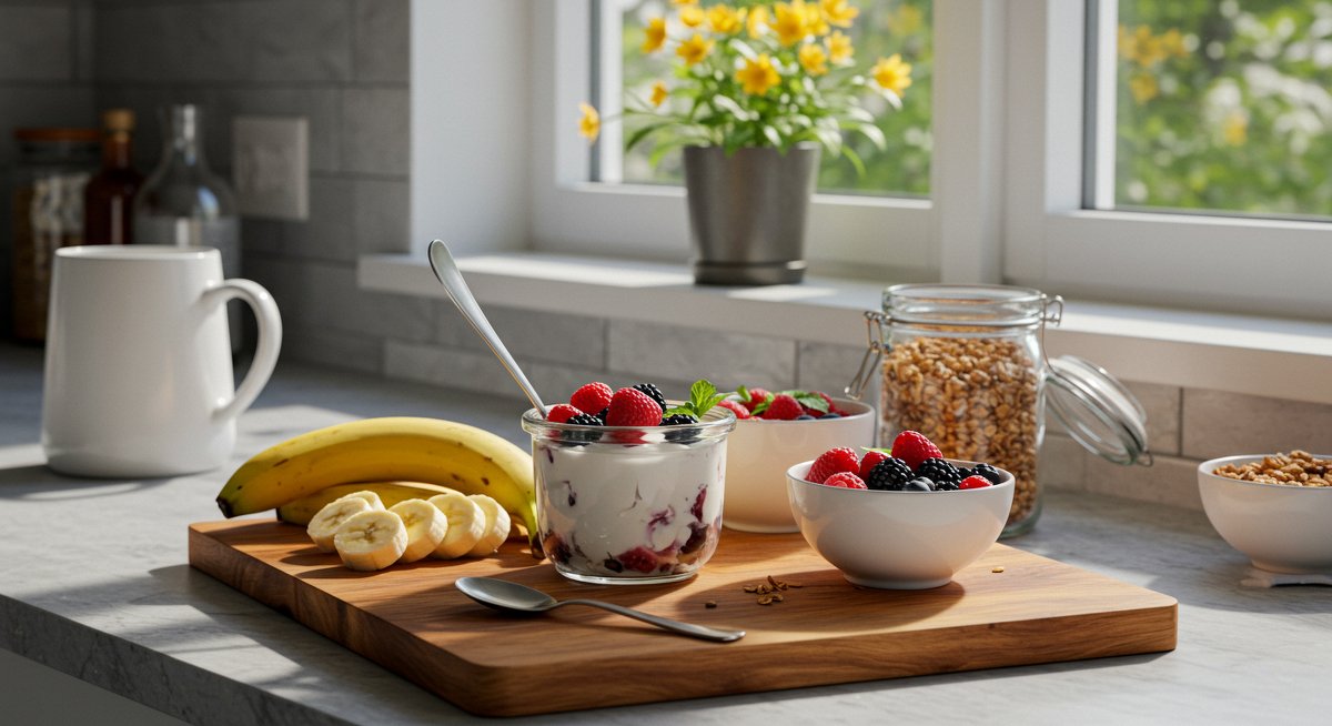 Fresh no-cook breakfast with banana, yogurt, berries, and granola on wooden board in sunny kitchen