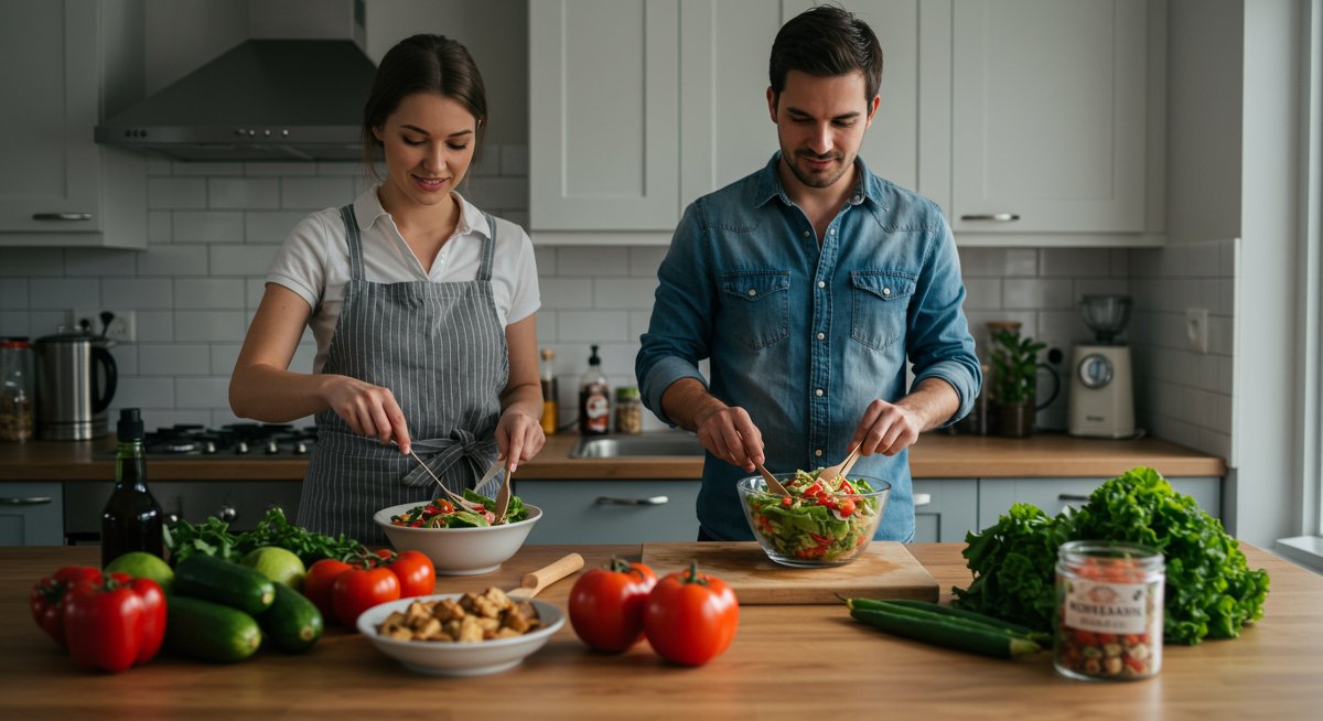 Vegan cooking for beginners: easy vegan meals and plant-based kitchen essentials. Fresh vegetables, tofu, and plant-based ingredients being prepared in a modern kitchen with clean design.