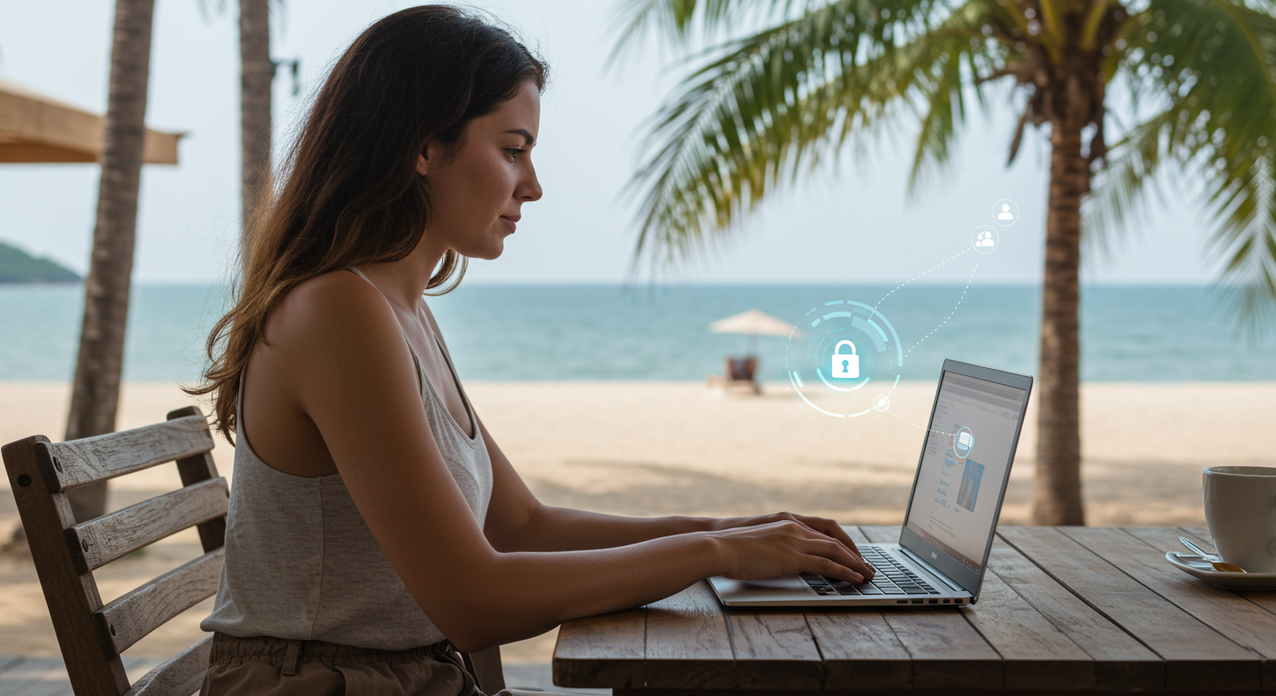 Female digital nomad working securely at a beach cafe, cybersecurity focused.