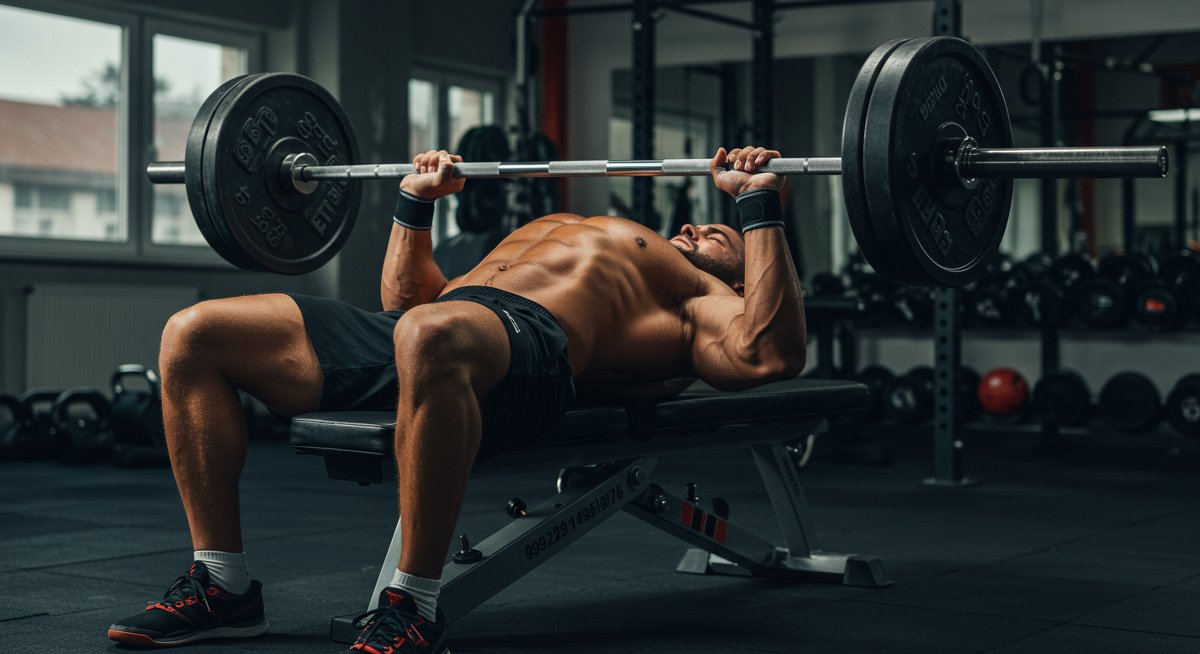 Weightlifter doing bench press in gym with focused expression