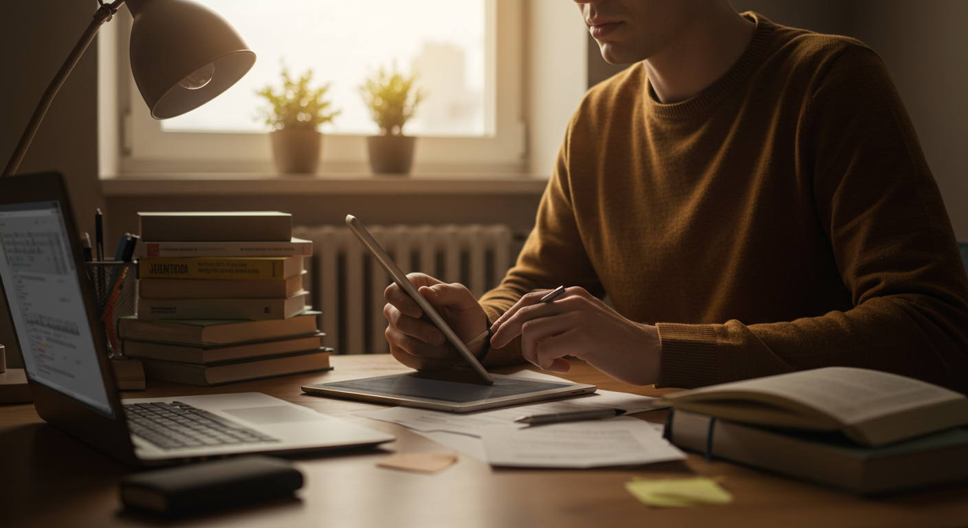 Entry-level professional studying online courses on a tablet in a home office, upskilling for a digital future.