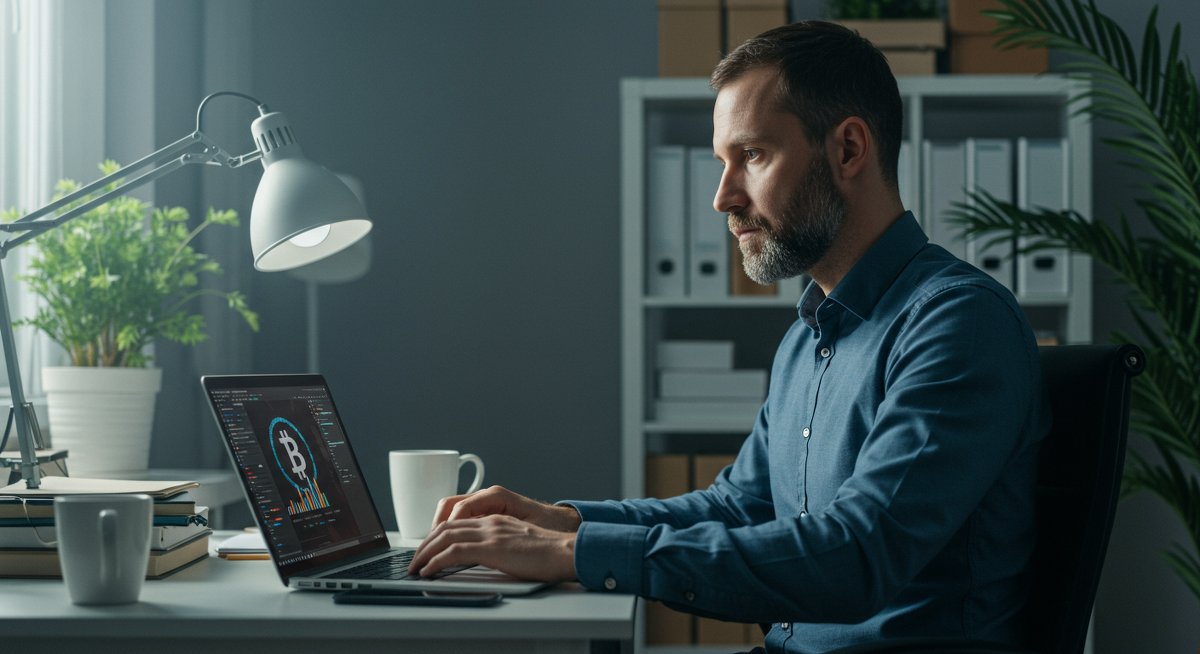 Professional crypto trader analyzing stuck swap transaction in modern office environment