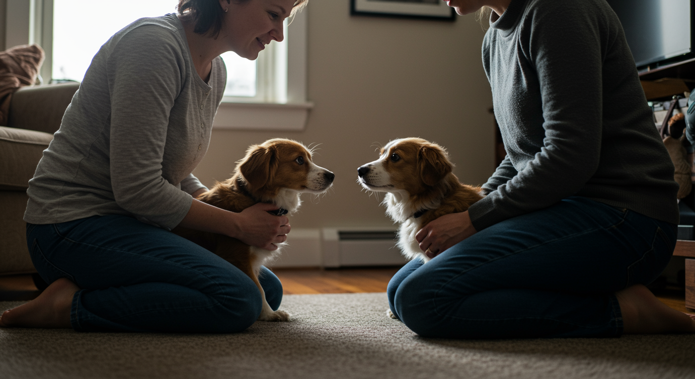 A dog looking at its owner, showing a slight whine with a concerned expression.
