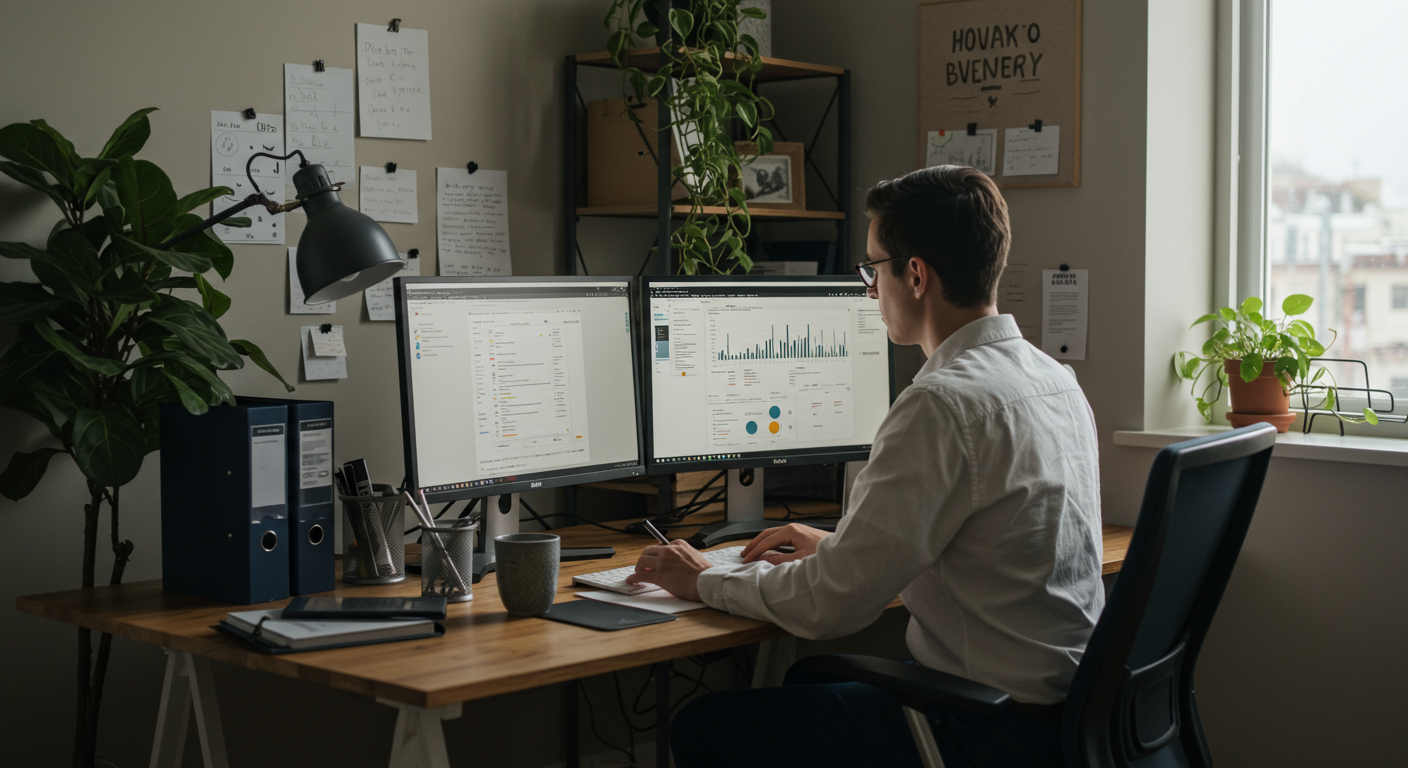 A professional working on financial planning in a home office. Dual monitors show budgeting software, surrounded by organized paperwork, a cozy environment and a confident mood with investment research material present, portraying financial planning for high income earners.