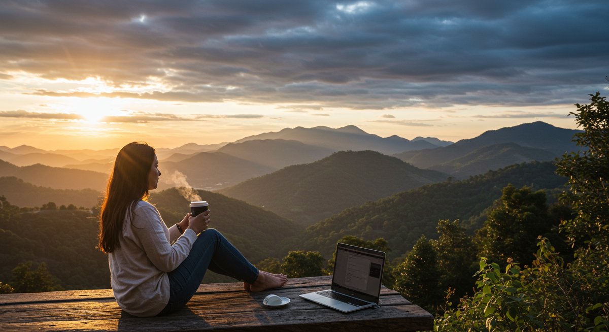 A relaxed digital nomad woman sipping coffee while working at an outdoor desk in a serene mountain setting with natural lighting, symbolizing mental well-being and work-life balance for beginner nomads