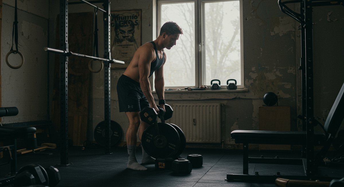 Organizing old weights in home gym with natural lighting
