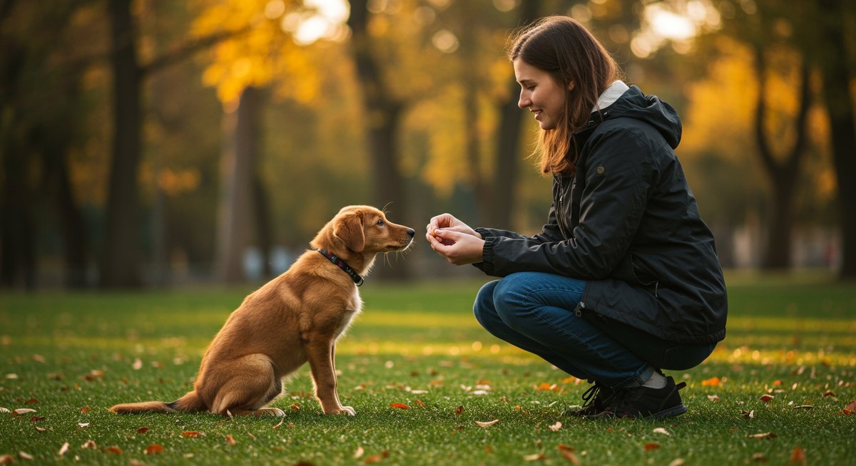 Leash training for dogs: Woman using positive reinforcement to teach puppy to walk nicely on a leash in a park