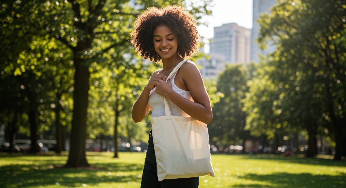 Sustainable fashion swap: Diverse woman holding organic cotton tote bag in urban park, showcasing eco-friendly fashion for beginners.