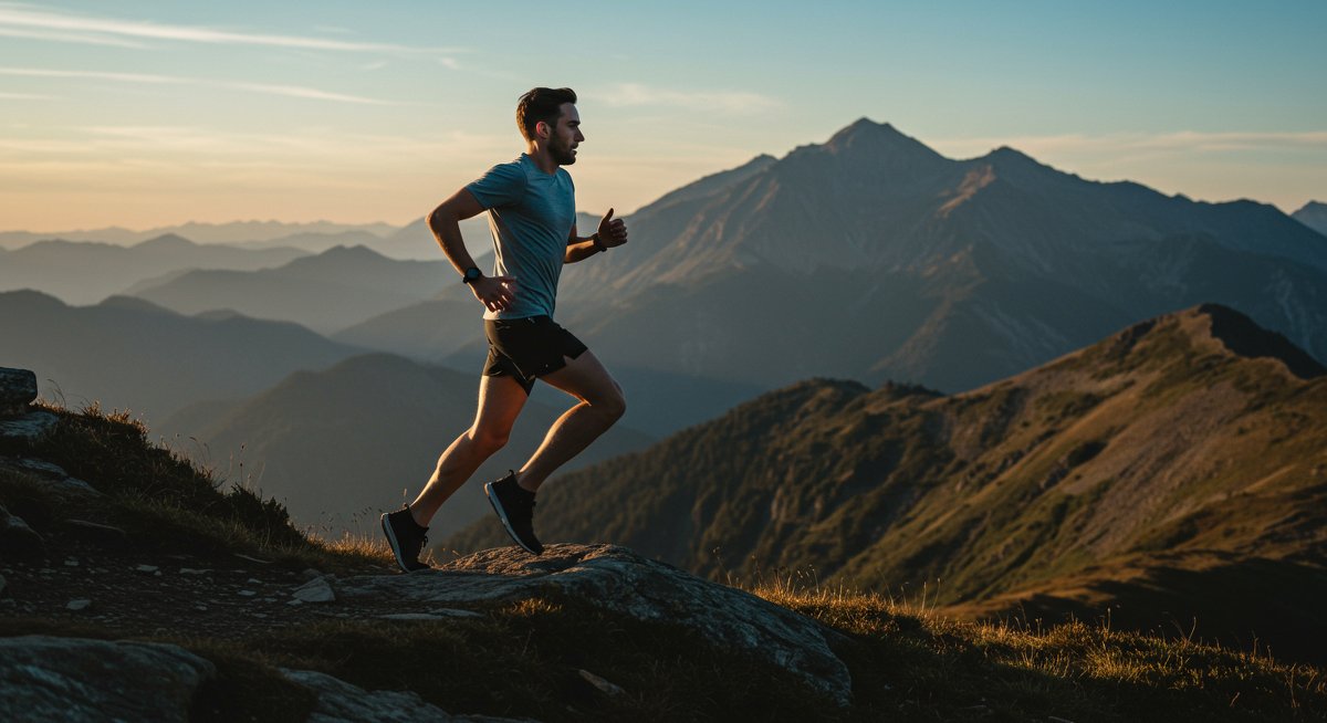 Person running on mountain trail during golden hour with natural lighting