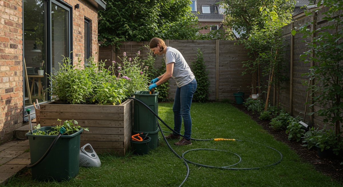 Eco-friendly gardening: Drip irrigation system, compost bins, and native plants in a sustainable backyard