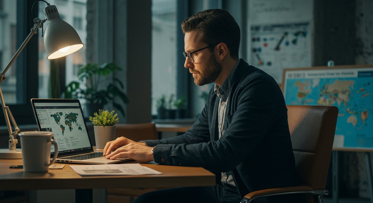 Digital nomad researching affordable healthcare and travel insurance options in a modern workspace