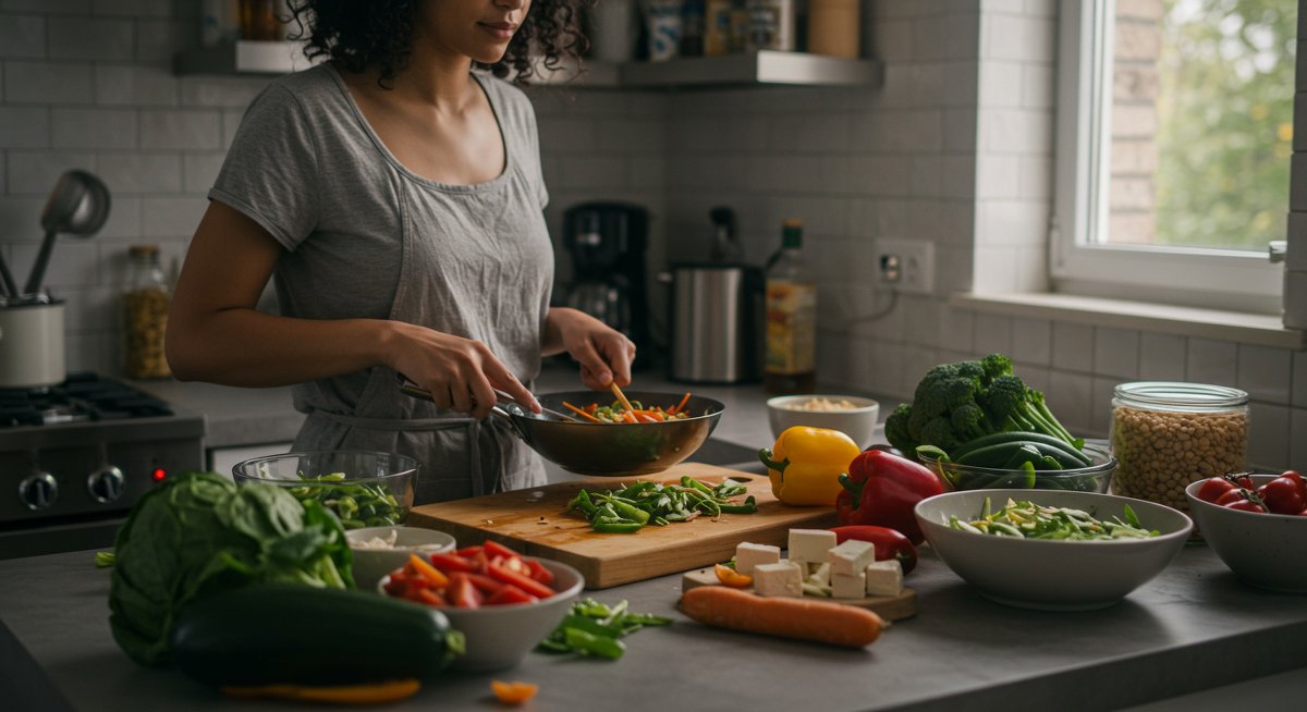 Plant-based meal preparation with sustainable kitchen tools and ingredients