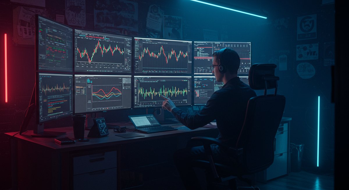 Crypto trader analyzing global market data in neon-lit workspace with hardware wallet and multiple screens