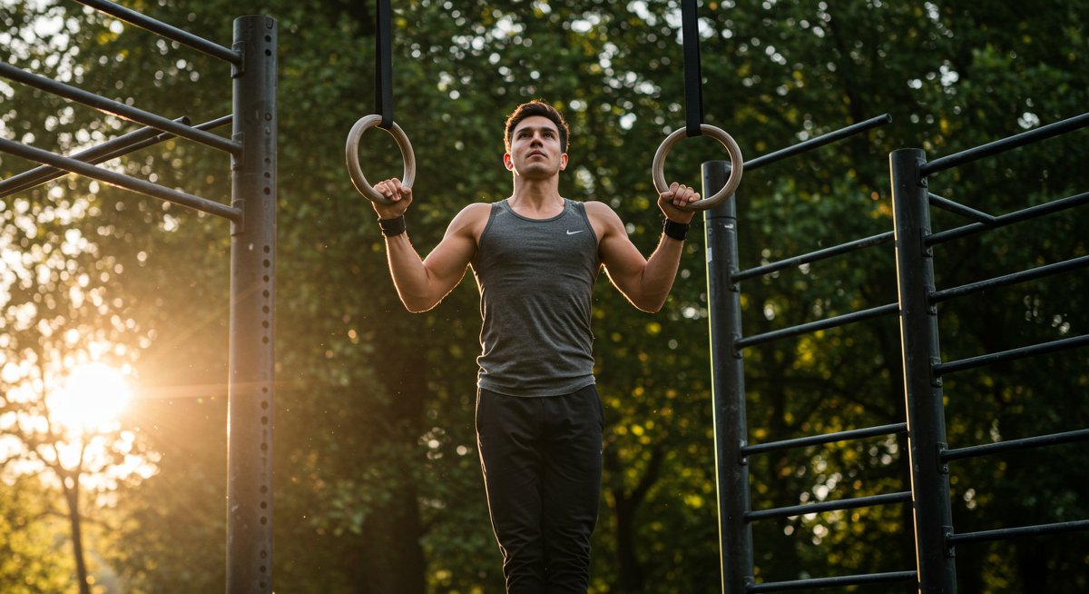 Person doing pull-ups on rings in park with natural lighting